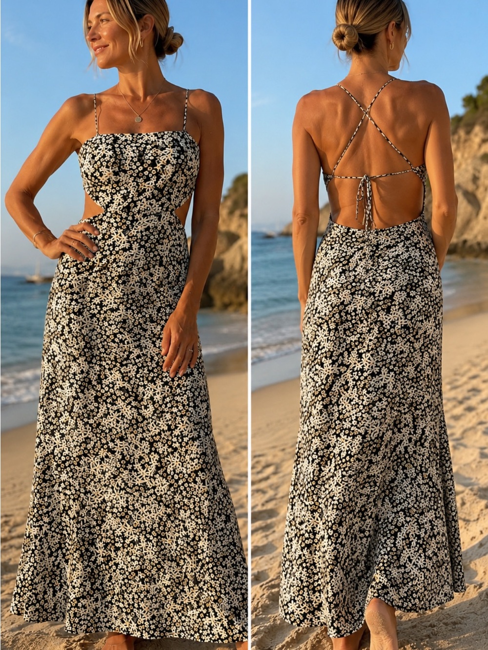 Petal & Pup Black and White Floral Backless Maxi Dress with Crisscross Straps